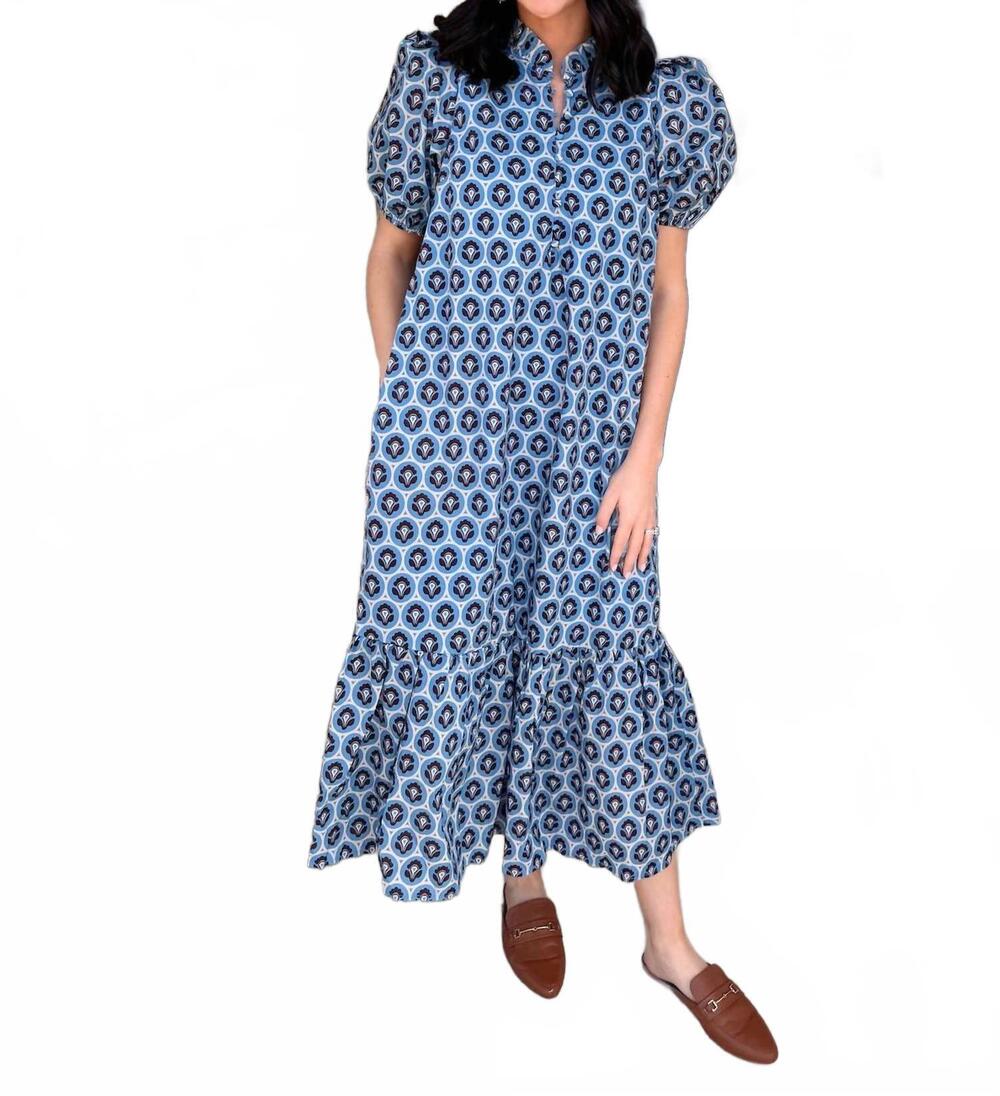 NEW ENTRO midi puff sleeve dress in blue